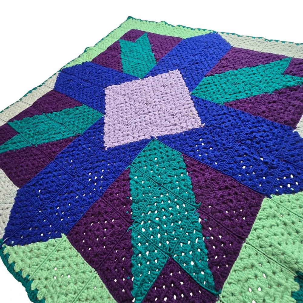 Handmade Crochet Granny Square Lap Blanket Star Pattern Boho Throw 43x43 - Picture 4 of 10